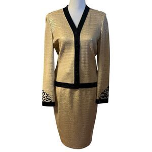 St John Evening Marie Gray Santana Knit 2 Piece Skirt Set Pailettes Old Money